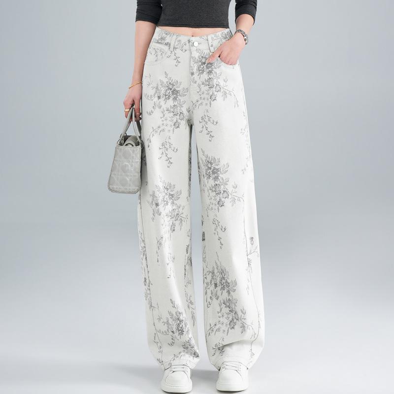 Summer New Pants White Printed Jeans Straight Loose and Versatile Women's Wide-leg Pants