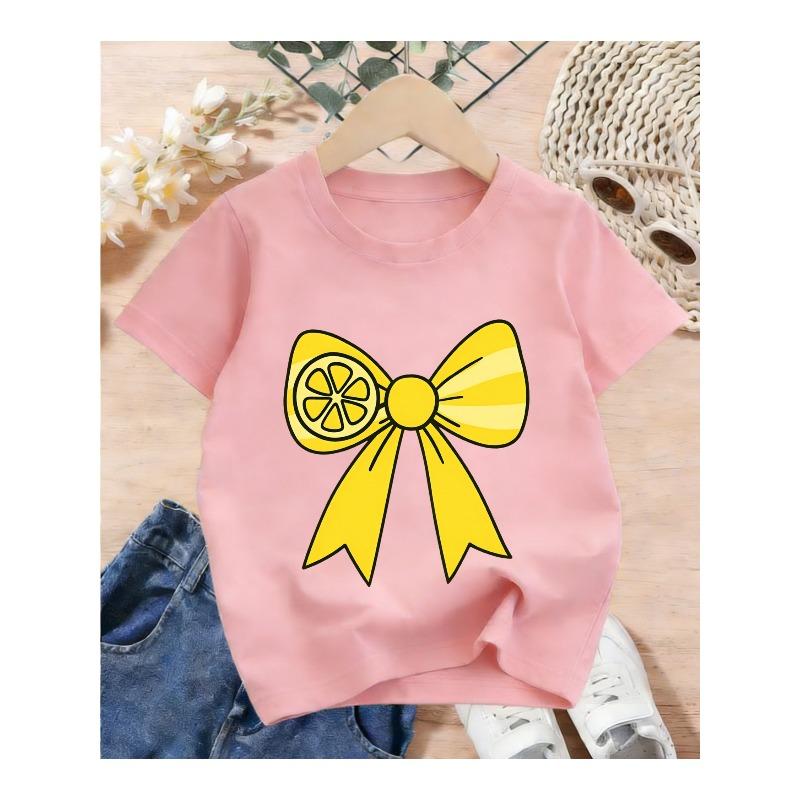 

European sizes Cute Lemon Yellow Short-Sleeve T-Shirt for Girls with a Butterfly Knot Pattern, Easy And Versatile 98cm розовый