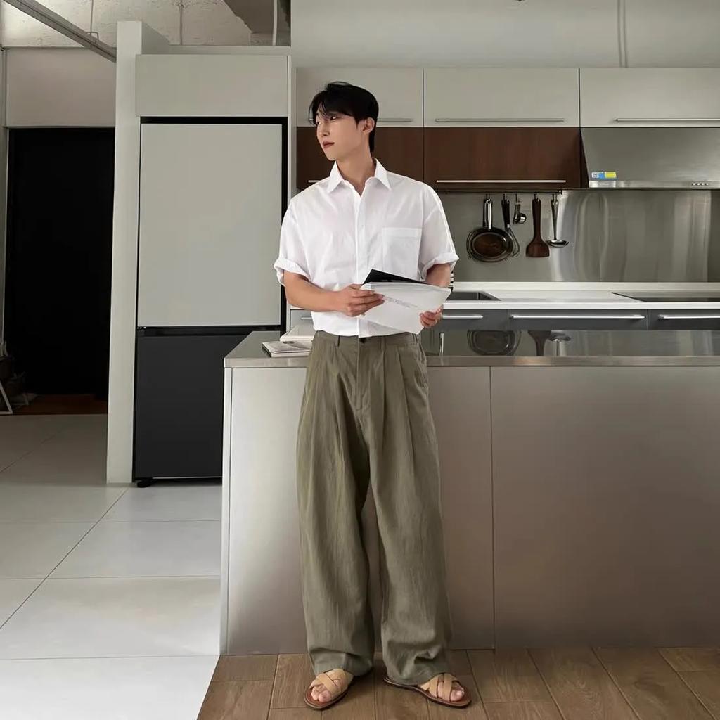Men's Korean Light Luxury Draped Wide Leg Pants Leisure Button Down Solid Color Straight Premium Elegant Sweatpants