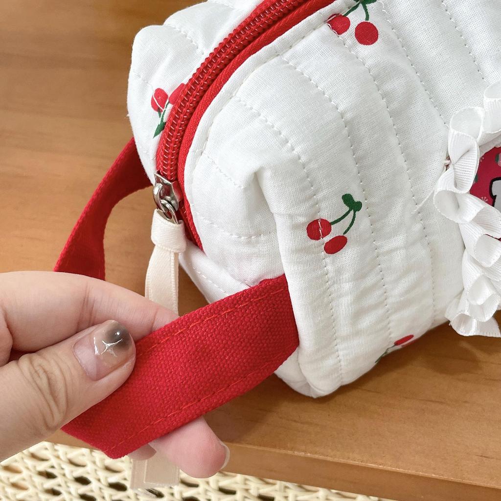 Cherry Patch Kitty Cat Cotton Makeup & Stationery Bag - Cute, Portable Wristlet