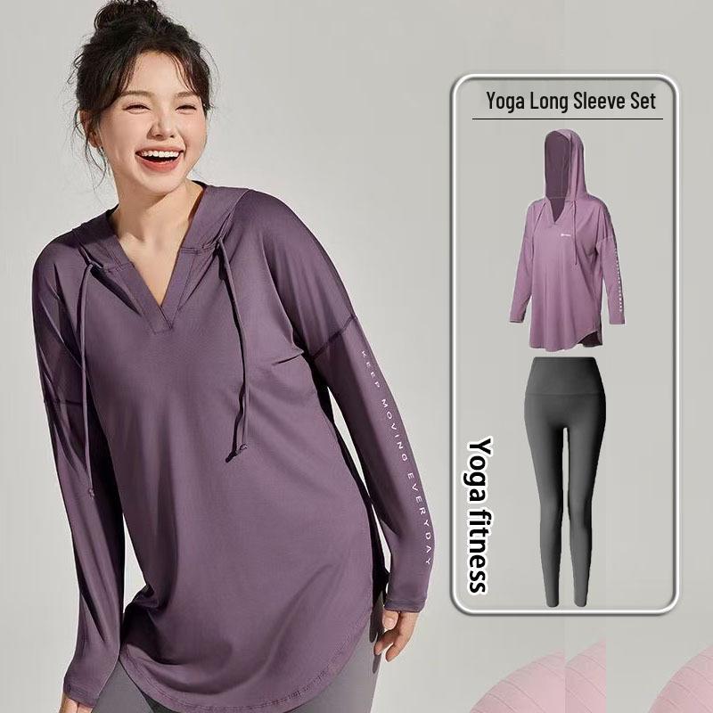 Plus Size Yoga Quick Dry Hooded Set: Slimming Long Sleeve & Pants, Loose Mid-Length Cover for Chubby Sisters