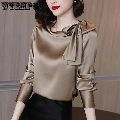 Satin Blouse Women's Bow Top Women's Long Sleeve T-shirt Base Clothing