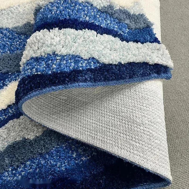 Thick Flocking Ocean Wave Rug Non Slip Rubber Back Washable Acrylic Floor Mat For Bedroom Bathroom Beach House Decor