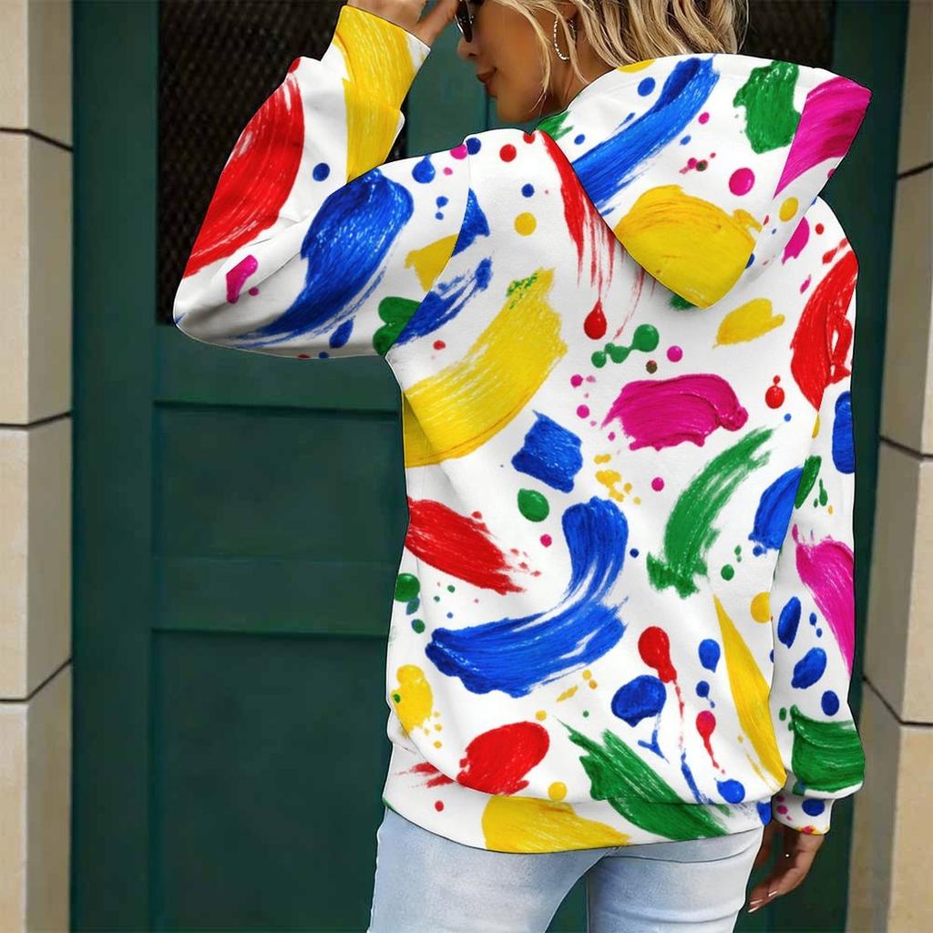 Women Plus Size Abstract Printed Long Sleeve Drawstring Hood Kangaroo Pocket Pullover Hoodie
