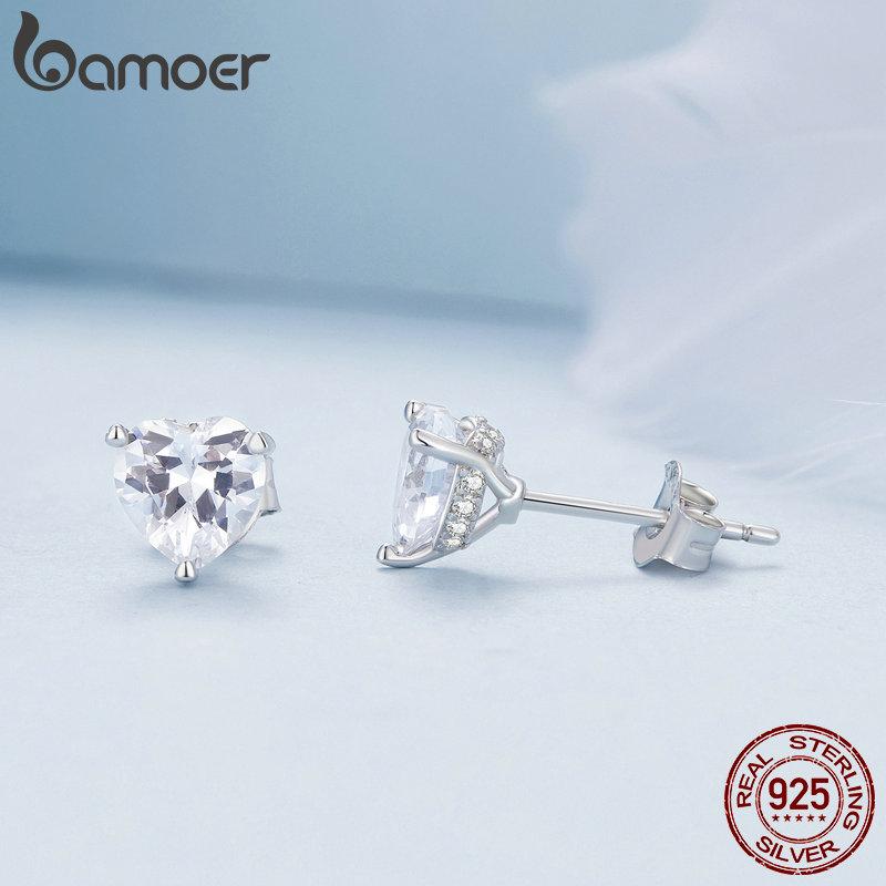 Cercei cu zirconiu cu inimă strălucitoare din argint Sterling 925 BAMOER Cercei simpli Little Love pentru femei Bijuterii fine