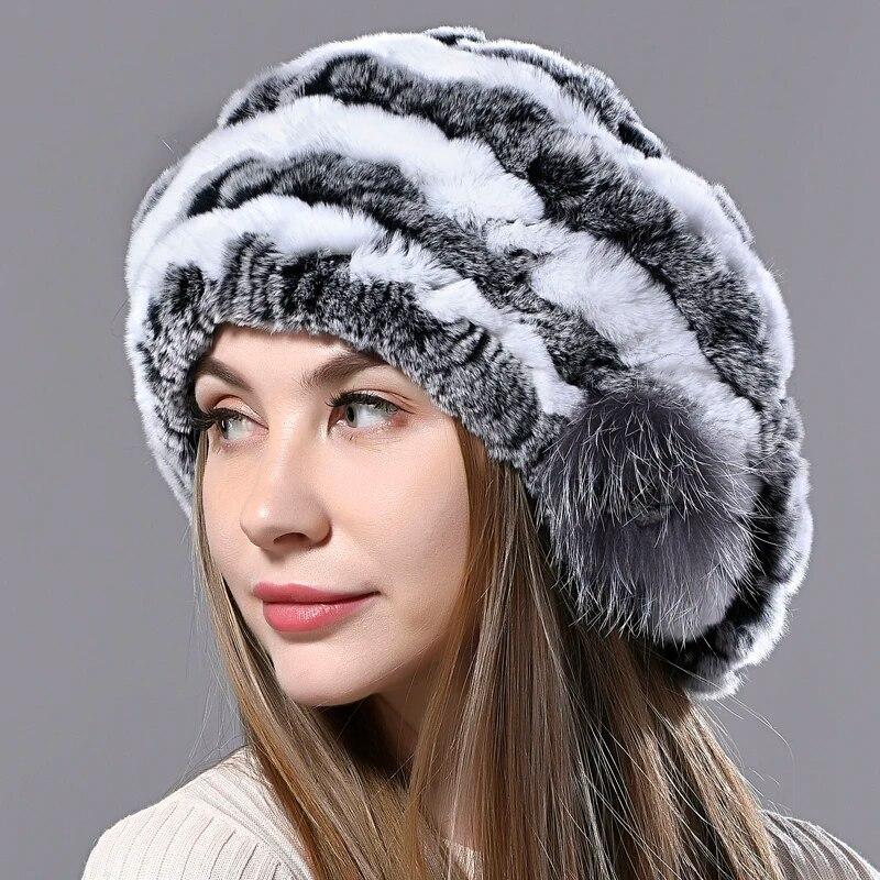 Women's Berets Natural Rex Rabbit Fur Hats Knitted Ladies Winter Warm 100% Real Fur Hats