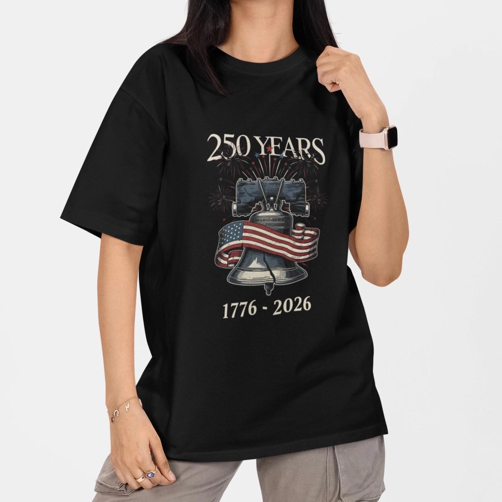 USA 250 Years Shirt 1776 2026 Patriotic Liberty Bell American Flag Black Tee M