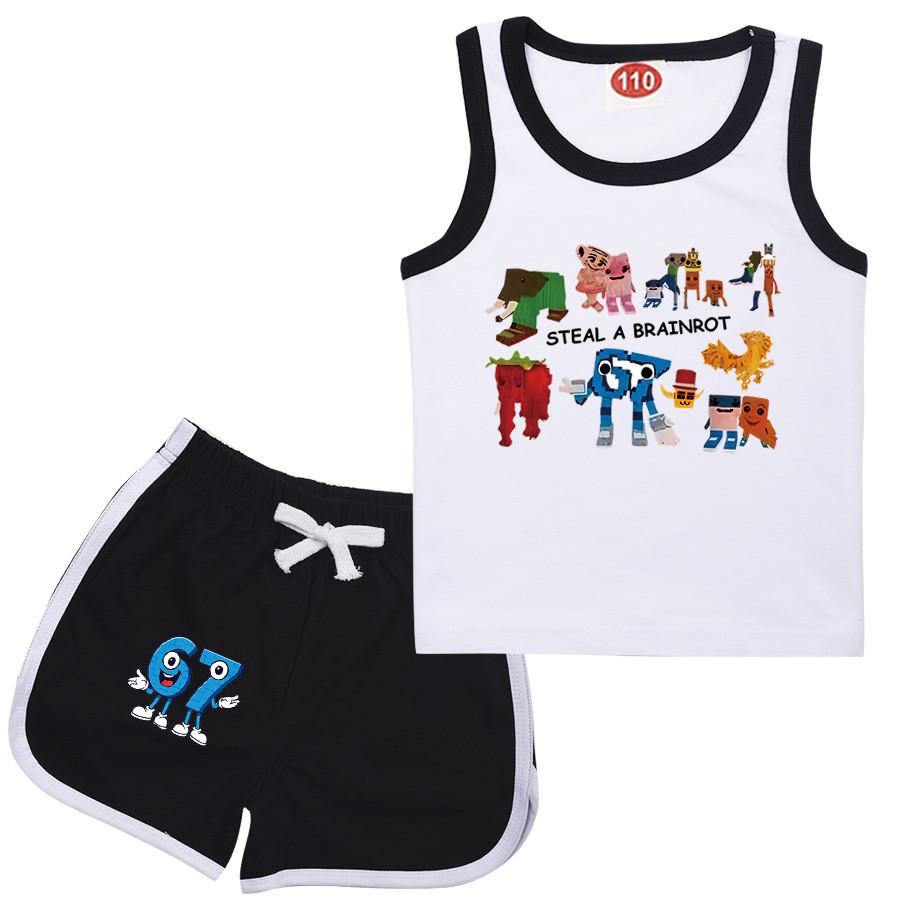 9191 Kinder Steal a Brainrot 67 Aufdruck Oberteil Hose Trainingsanzug Sets