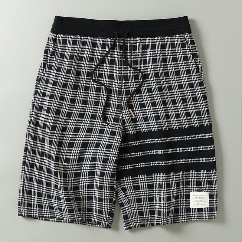 Summer Fashion Brand Stripes Gingham Couple's Shorts Cotton Yarn-Dyed Jacquard Four Bars Casual Loose Cropped Pants for Men