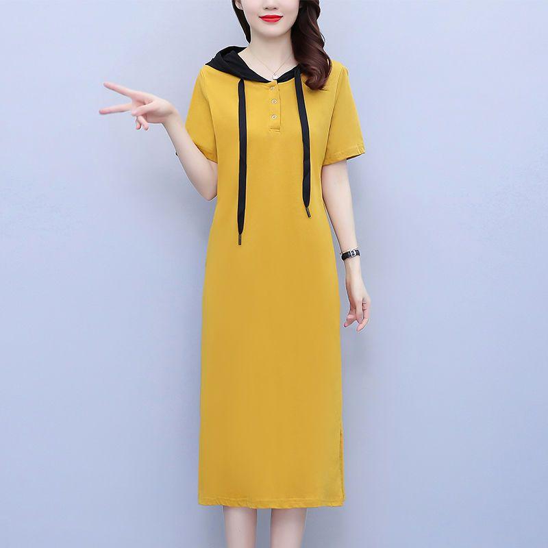 Summer Women Hooded Dress Long Loose Fit Casual Slimming Elegant Youthful Knee Length Short Sleeve