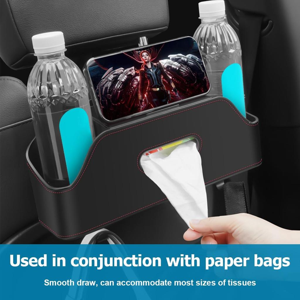 Zipelo Car Headrest Backseat Organizer With Cup Holder, Multi-Functional Vehicle Seat Back Hanging Storage Box With Hooks, Auto Drink Snack Phone