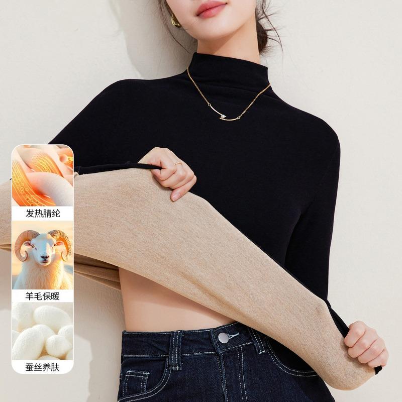 

Шерстяной шелковый бархатный полуводолазка базовая рубашка осенняя одежда женская утолщенная теплая внутренняя с воротником средней высоты топ женский зимний M чёрный