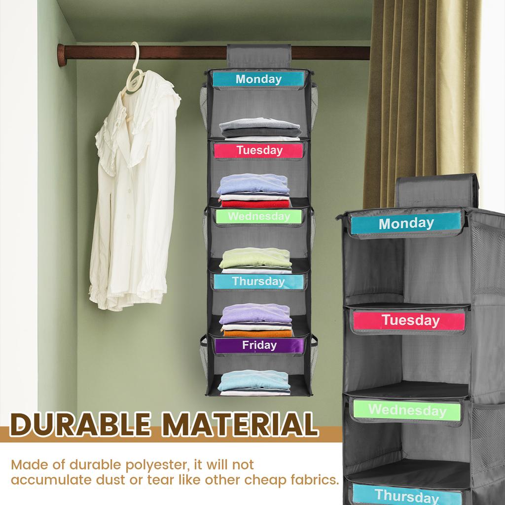 5-Shelf Weekly Clothes Organizer Kids Daily Shelf Hanging Closet Organizer Days of The Week Hanging Storage Shelves for Kids