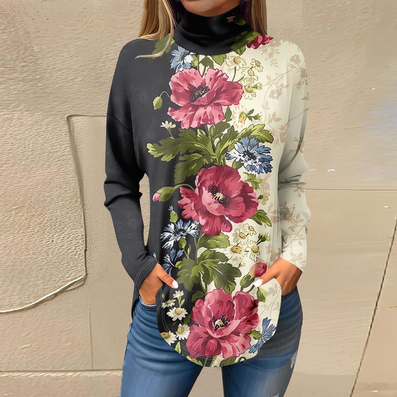 

Футболки для женщин, осенние повседневные рубашки с длинными рукавами, толстовка с винтажным принтом, топ с высоким воротом, пуловер M