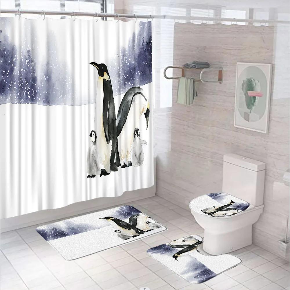 

Funny Penguin Shower Curtain Set Animal Antarctic Ice Field Nature Blue Sky Bathroom Curtains Non-Slip Bath Mat Rug Toilet Cover W60H190(CM)-1 Pcs