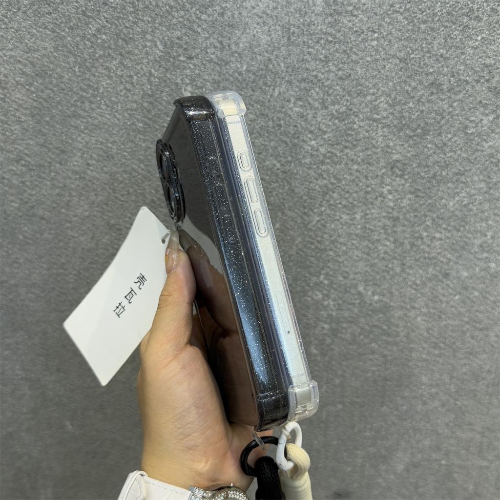 Soft Transparent With Lanyard Phone Case For iPhone 11 12 13 14 15 16 Pro Max Plus 16E Glitter Silicone Shockproof Bumper Cover