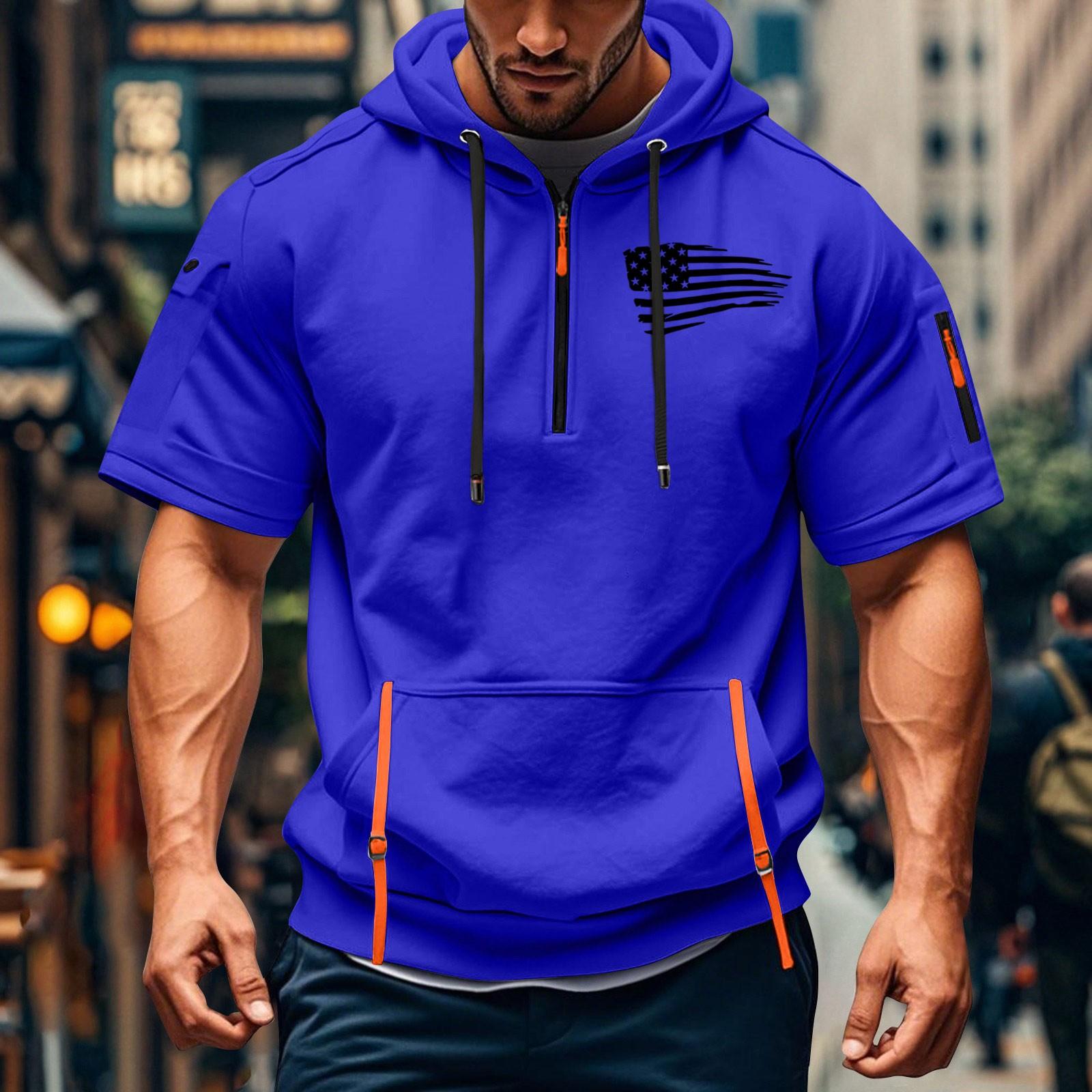 Men s Summer Shirt Print Zipper Pocket Short Sleeve Hooded Sweatshirt Men s Sports Large Size Casual Sweatshirt L