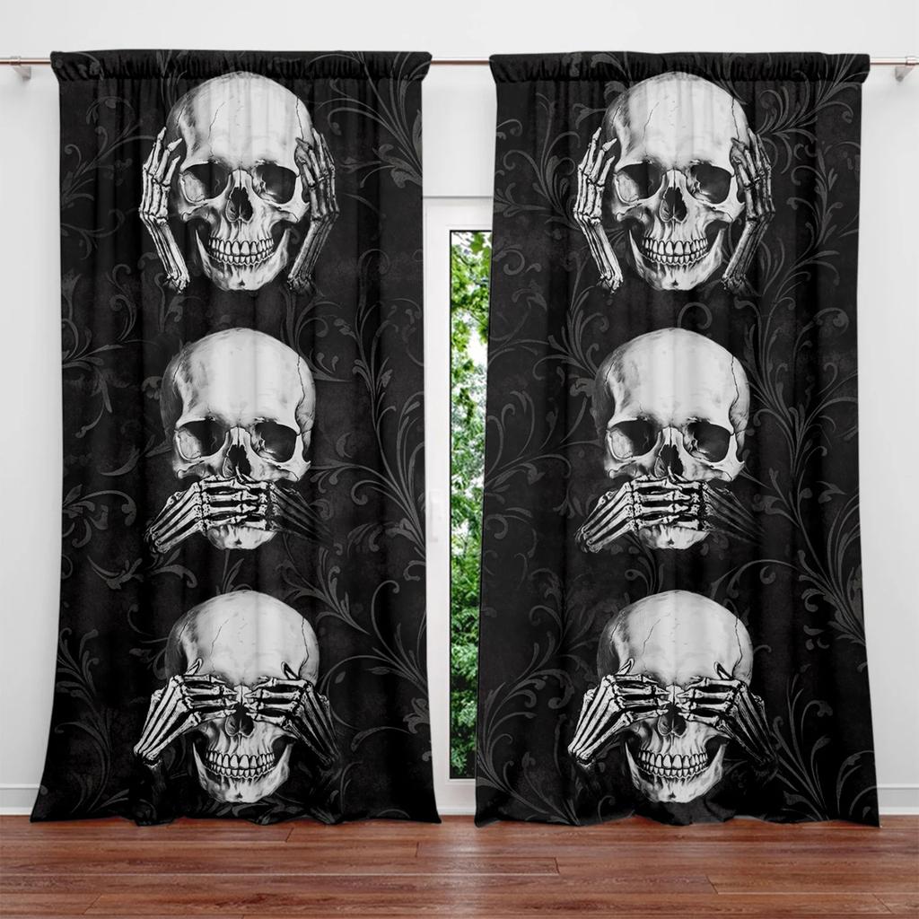 2 Stück Drei Weise Schädel Bedruckter Vorhang für Heimdekoration - Stangentasche Fensterdekoration für Schlafzimmer, Büro, Küche und Wohnzimmer