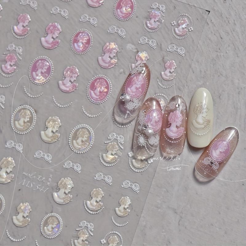 1pc Baroque Pearl Nail Sticker - Pink & Yellow Shell Iridescent Design with Vintage Lace Embossed Pattern for DIY Nails
