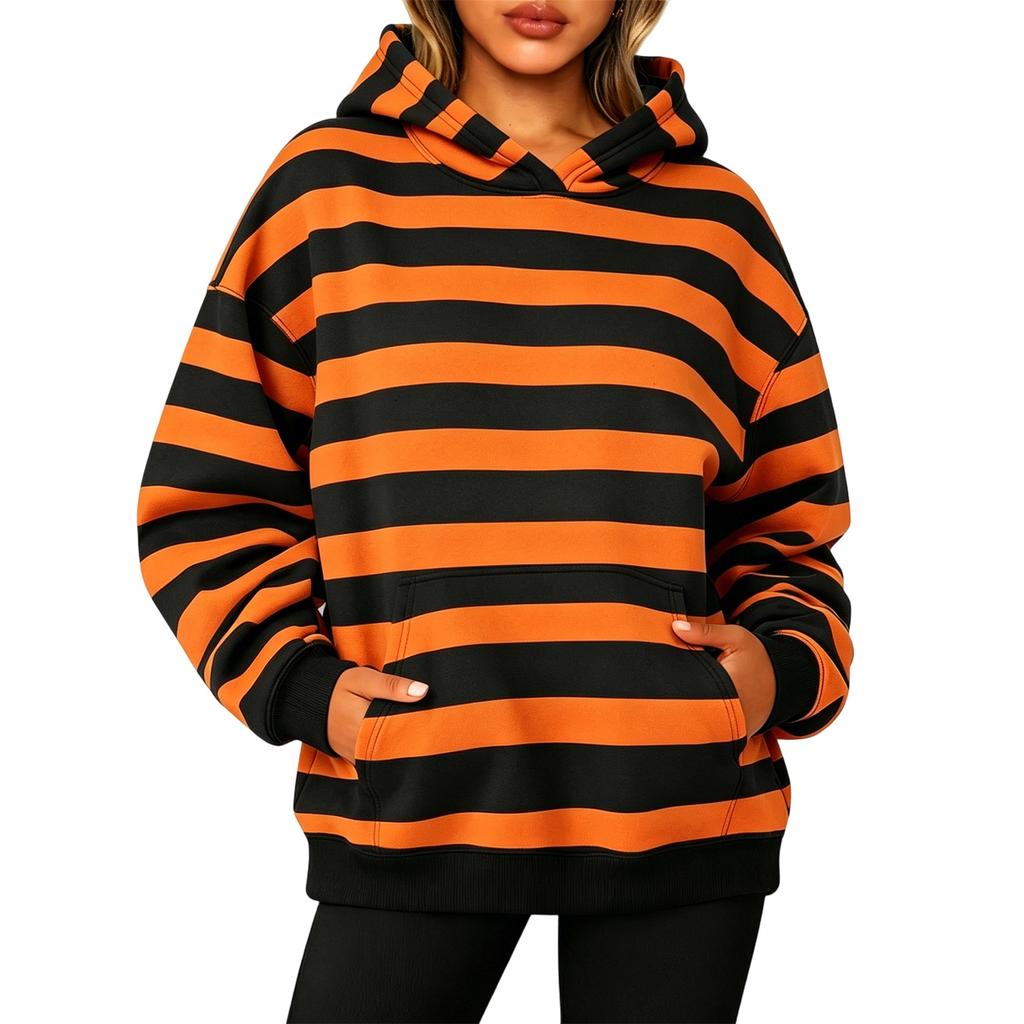 Women's Long Sleeve Striped Hoodie with Pocket - Casual Pullover Sweatshirt