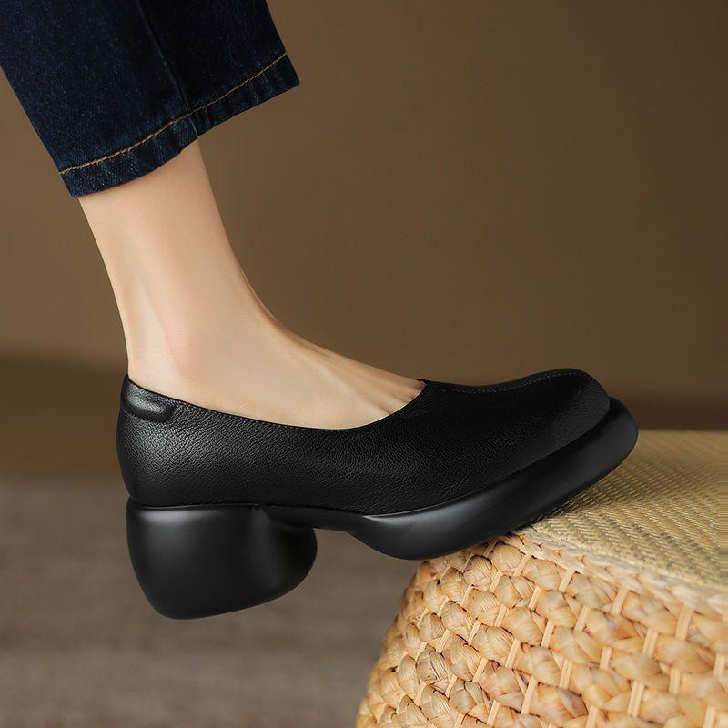 Thick Heel Elegant Light Mouth Small Leather Shoes One Pedal Commuting Single Shoes Summer New Mother Shoes