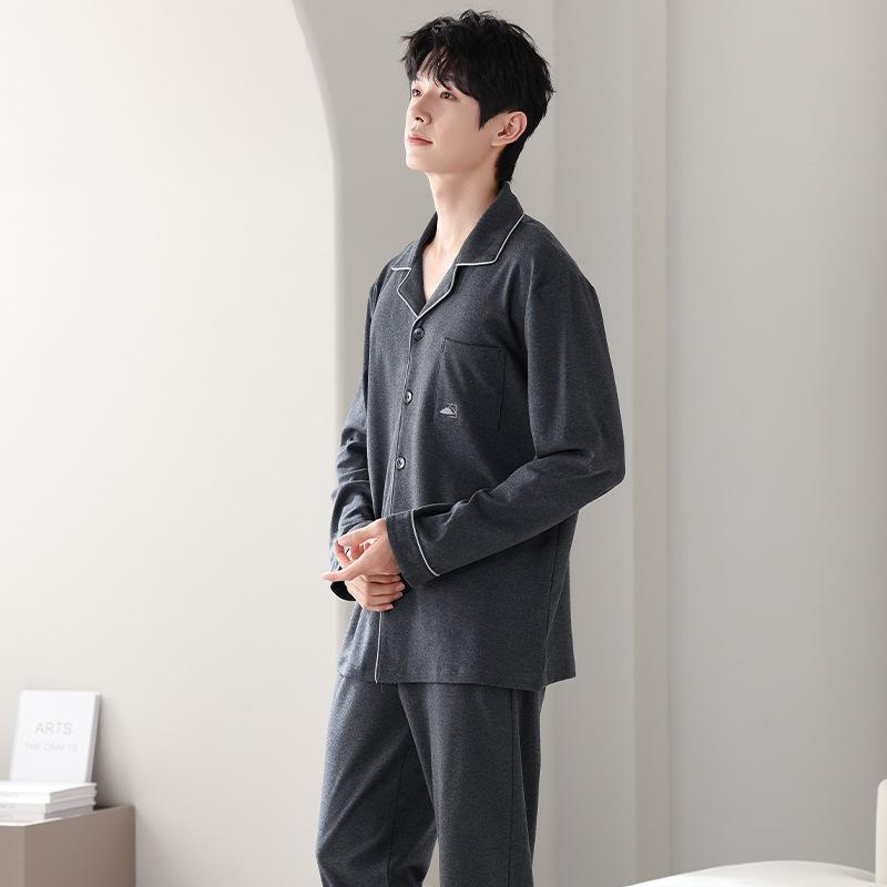 Pajamas Men'S Spring And Autumn Cotton Long Sleeve Men'S Autumn Cotton Cardigan Large Size Loungewear Set