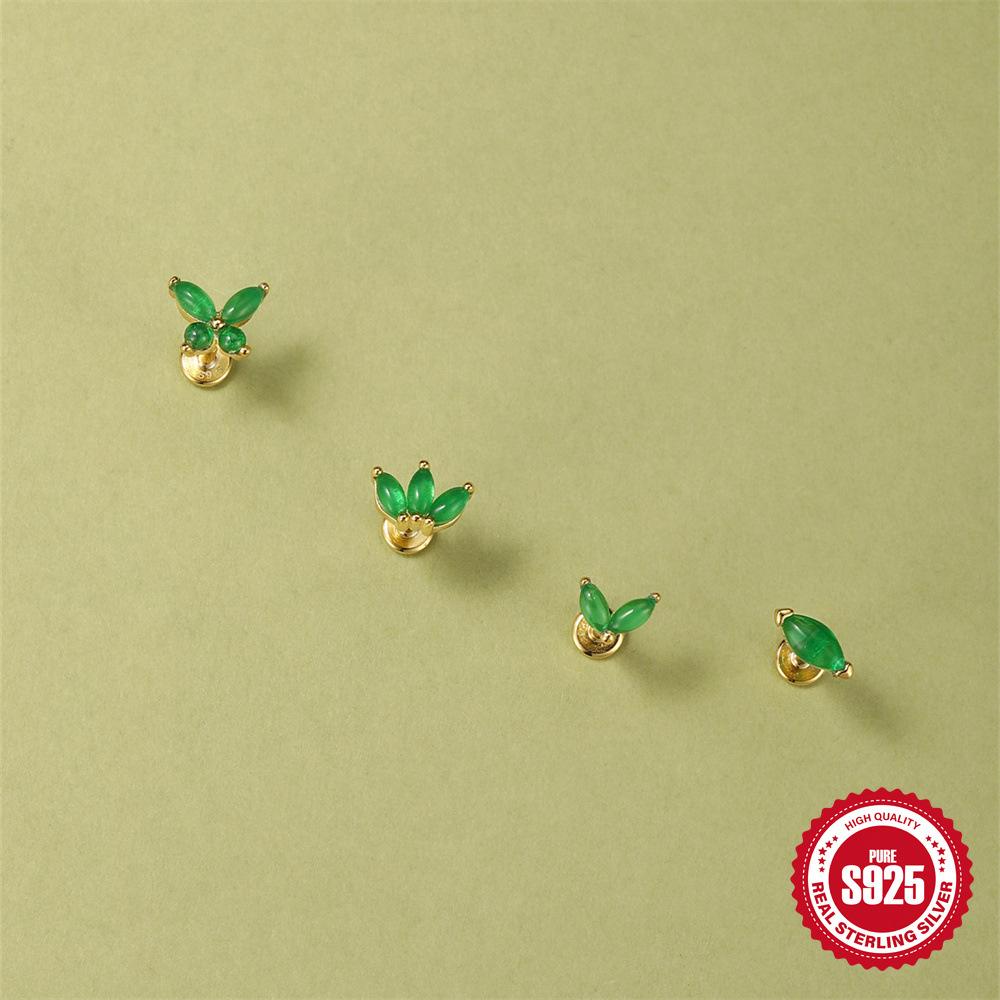 S925 Sterling Silver Green Fresh Retro Red Color Flat Head Stud Earrings Round Personality Versatile Earbone Stud Puncture