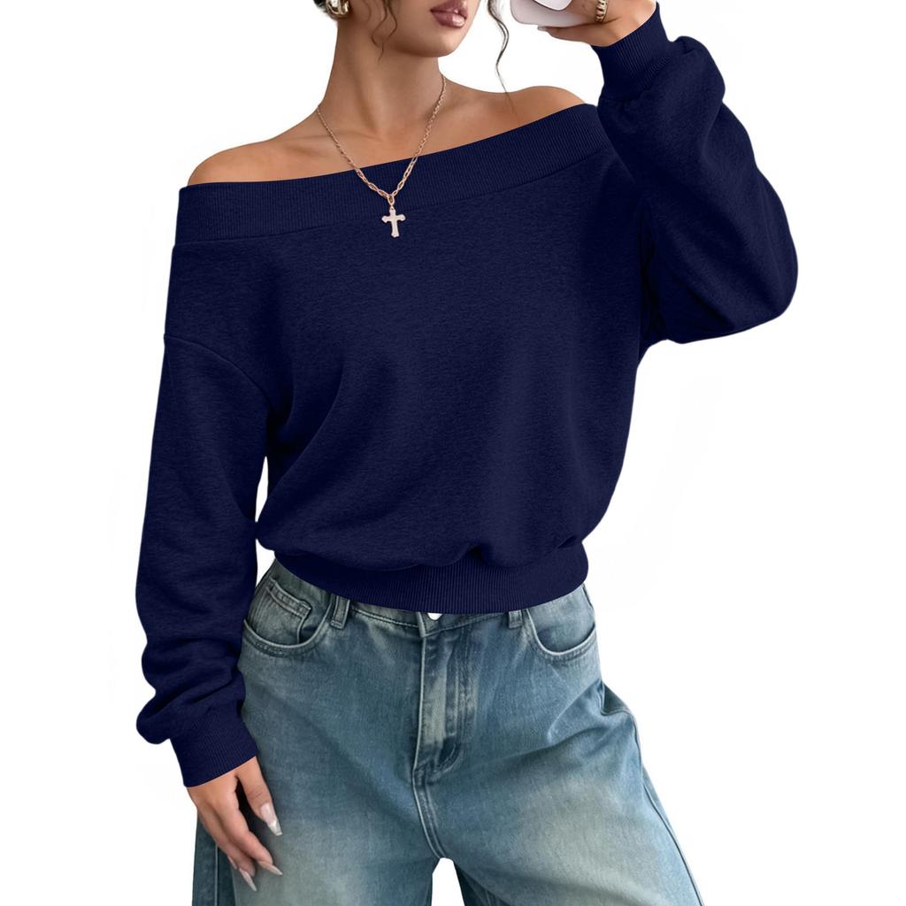 Women's Off-Shoulder Long Sleeve Sweatshirt Casual Loose Fit Color Top