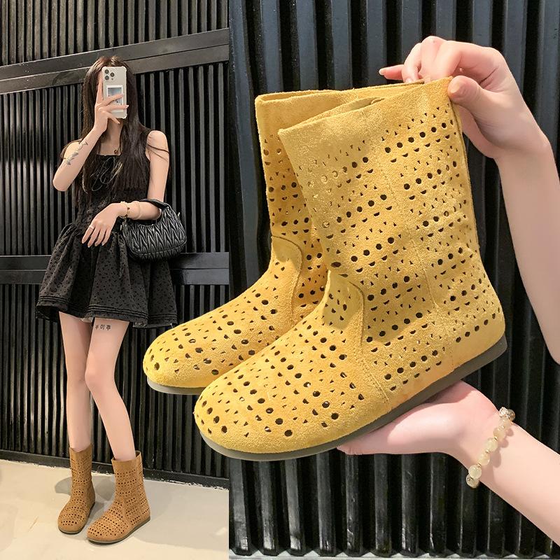 2025 spring and summer new sandals leather hole middle boots medium heel thick heel large size women's boots hollow cool boots