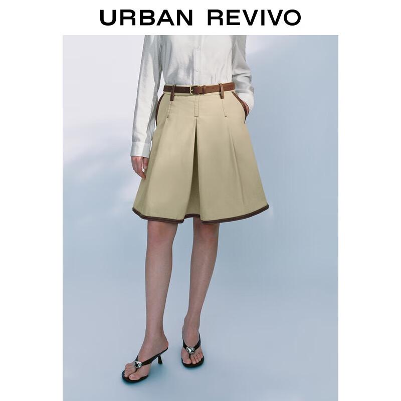 UR 2025 Autumn Contrast Trim Belt A-Line Midi Skirt XXS