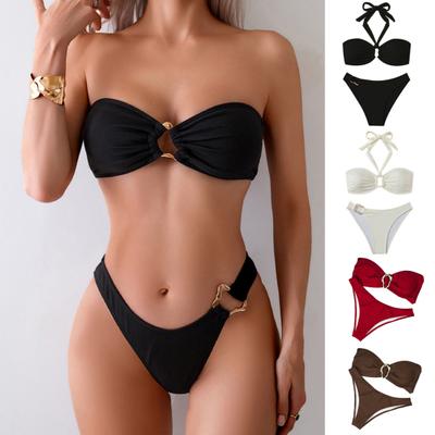 Women Bikini Set Metal Ring High Waist Two Piece Swimsuit Sexy Halter