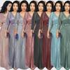 Moda Inverno 2025 Abito da Donna Plissettato con Stampa Oro Maniche Lunghe Gonna Ampia con Cintura Rosa Brillante