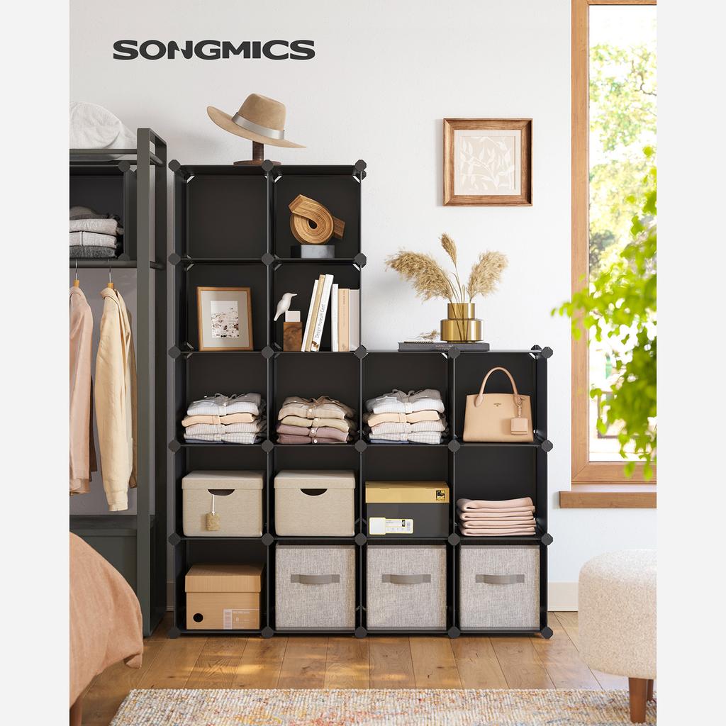 SONGMICS 15-Cube Storage Unit, Shoe Rack, DIY Shelving System, Stackable Cubes, PP Plastic Shelf, Wardrobe, Closet Divider, for Bedroom, Office, Black