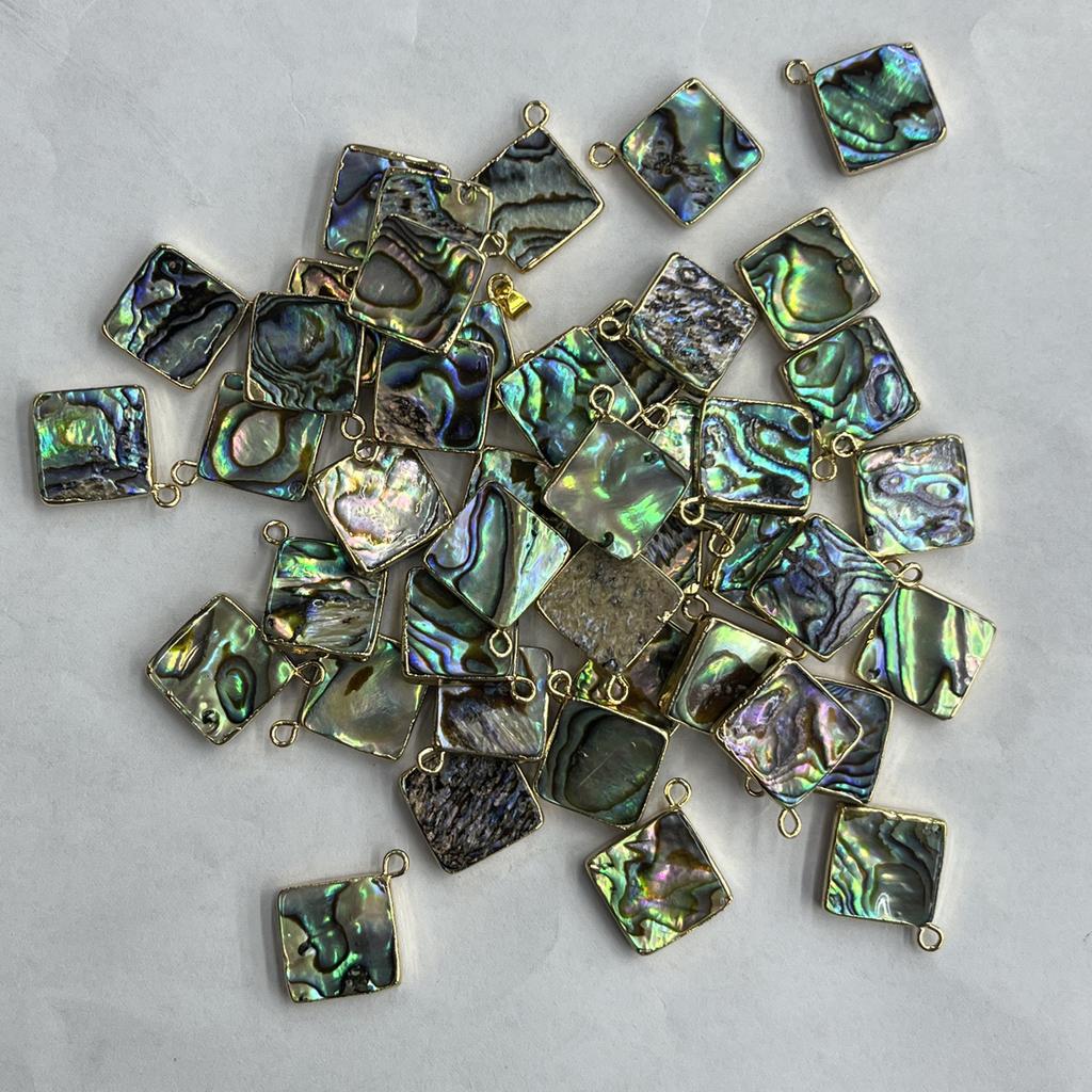 1Pc, Natural Abalone Shell Square Pendant Golden Trim Iridescent Charm for DIY Boho Jewelry Making Necklace & Earrings, 14mm Crafts Gifts