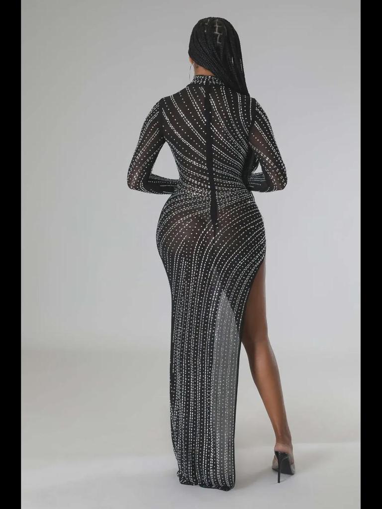 High-Slit Mesh Diamond Evening Gown