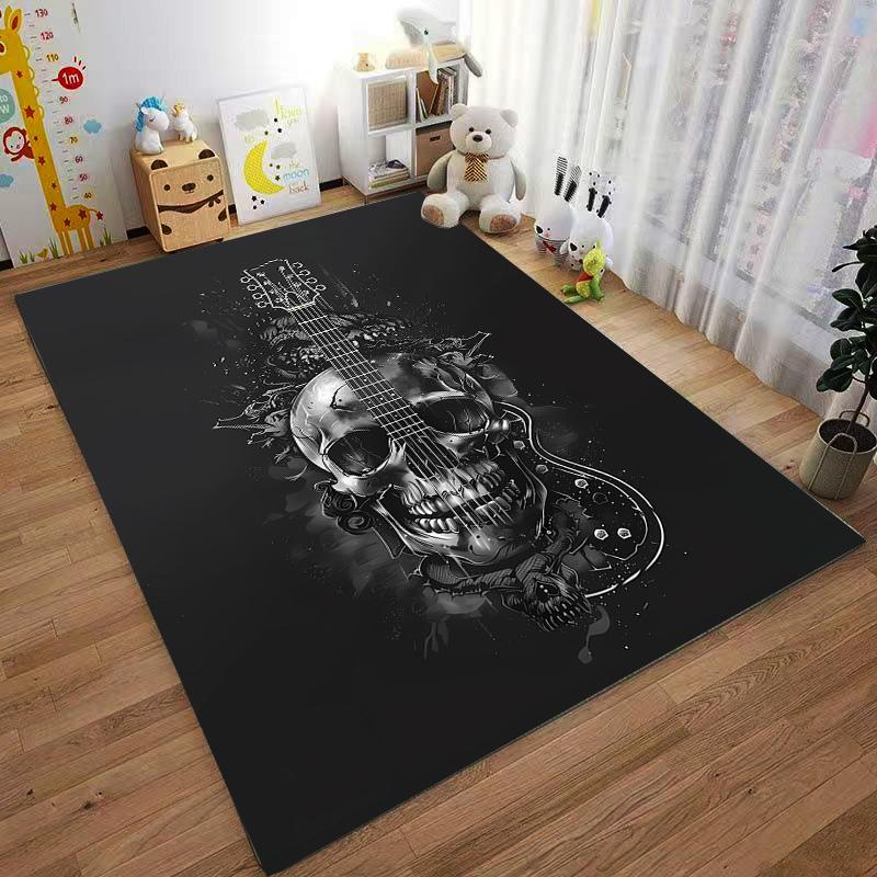 Guitar Design Black Carpet with Skull Patterns for Music Lovers Decor Suitable for Use As an Anti-slip for Living Room Bedroom Sofas