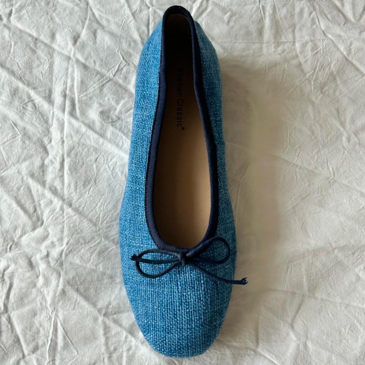 

French temperament bow single shoes girl 2025 new evening fairy sparkling flat grandma shoes small fragrant wind ladyshoes 35 синий