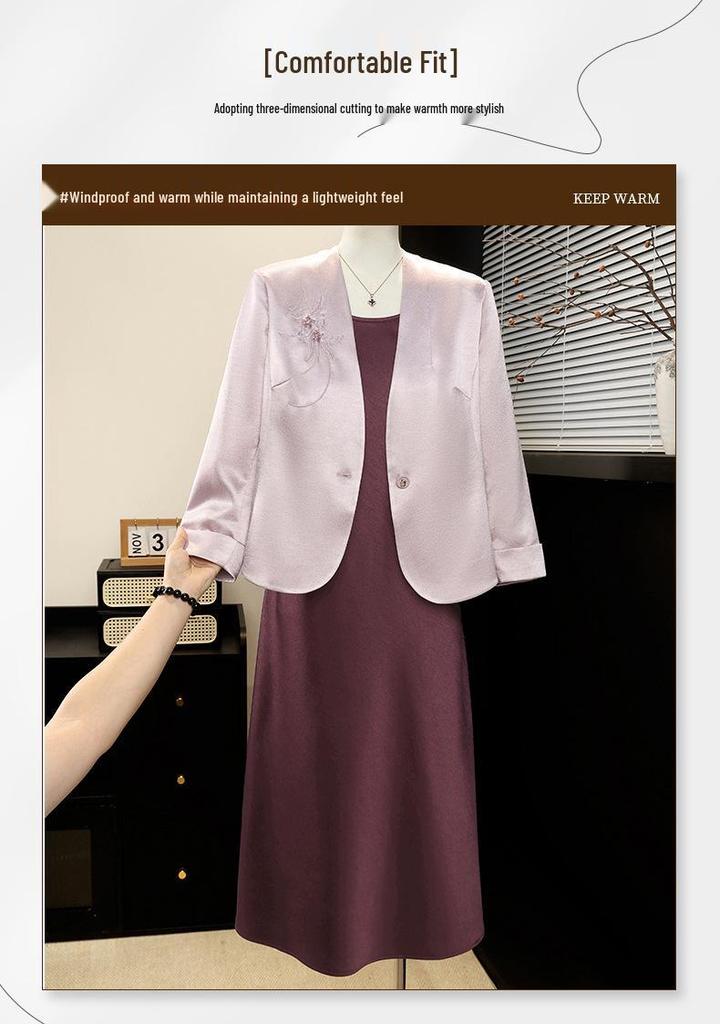 Elegantes zweiteiliges Frühjahrs-Kleider-Set mit bestickter Jacke für Frauen mittleren und höheren Alters - Perfekt für Bankette und Hochzeiten