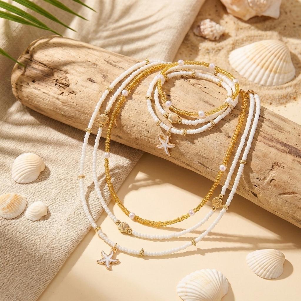 Summer Vacation Ocean Style Starfish Shell Rice Beaded Necklace Bracelet Set For Women Men Bohemian Sea Star Beach Jewelry Set