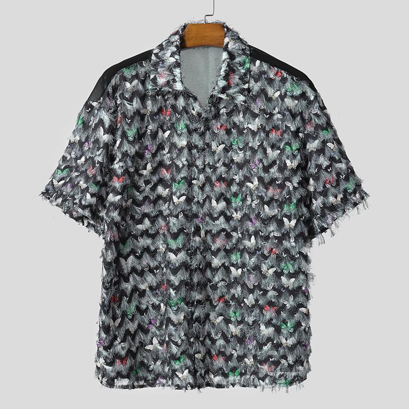 

INCERUN Men Lapel Short Sleeve Floral Print Tassel Patchwork See Through Shirts S-XXXXXL чёрный