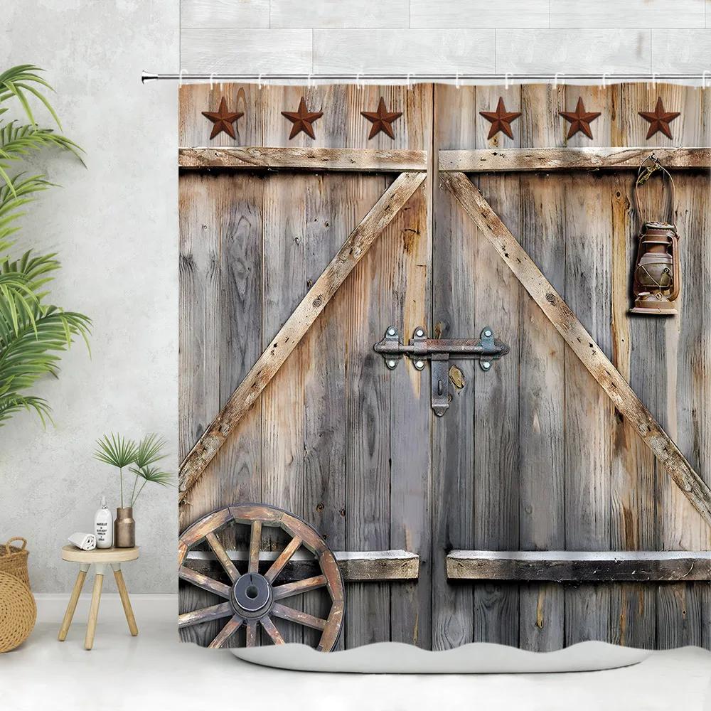 Vintage Wooden Door Shower Curtain, Farm Barn Door Wheel Horseshoe Pentagram Rustic Plank Home Bathroom Decoration Curtain Set