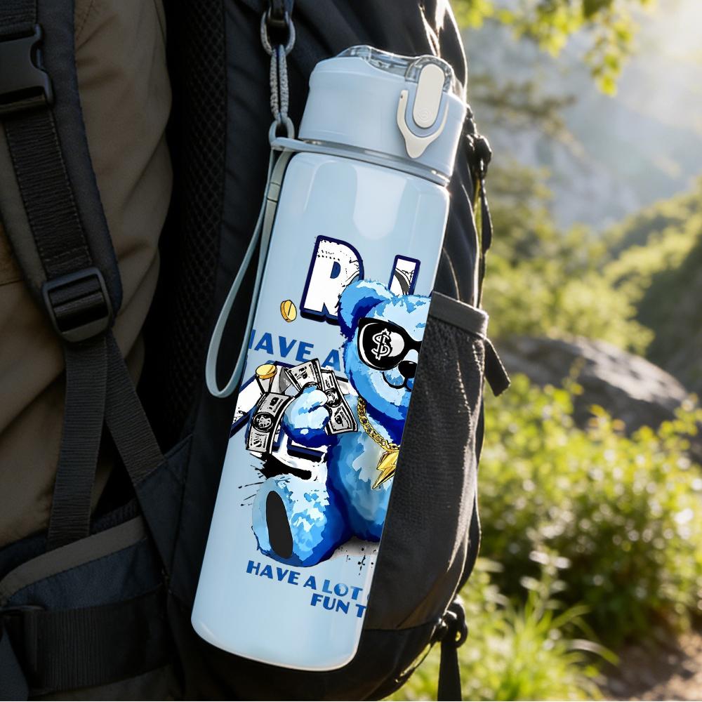 1PC Rich Blue Bear Glasses Portrait 750ml Color Plastic Water Bottle Leakproof Flip Straw Lid For Sports Office Home Use