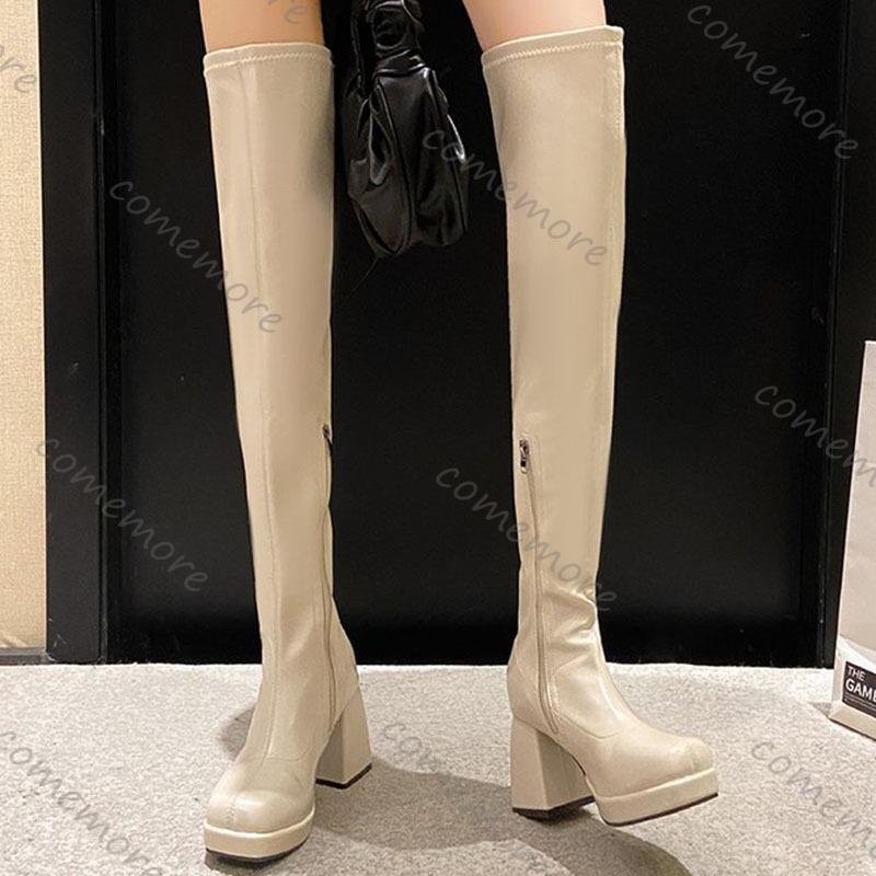 Fashion Comemore Black Over The Knee High Boots for Women Square Toe Thick High Heels Women Shoes Sexy Thigh High Platform Gothic Botas