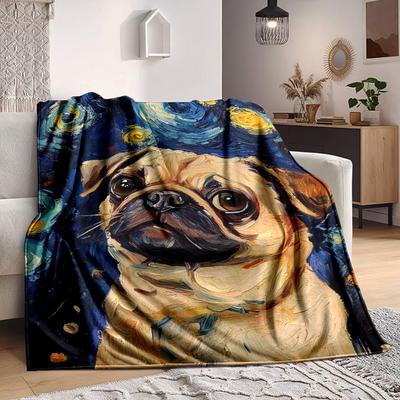 1pc Pug Art Print Blanket Lightweight Flannel Blanket Throw Blanket For Sofa, Bed, Travel, Camping, Livingroom, Couch, Chair, And Bed Yy2509026191