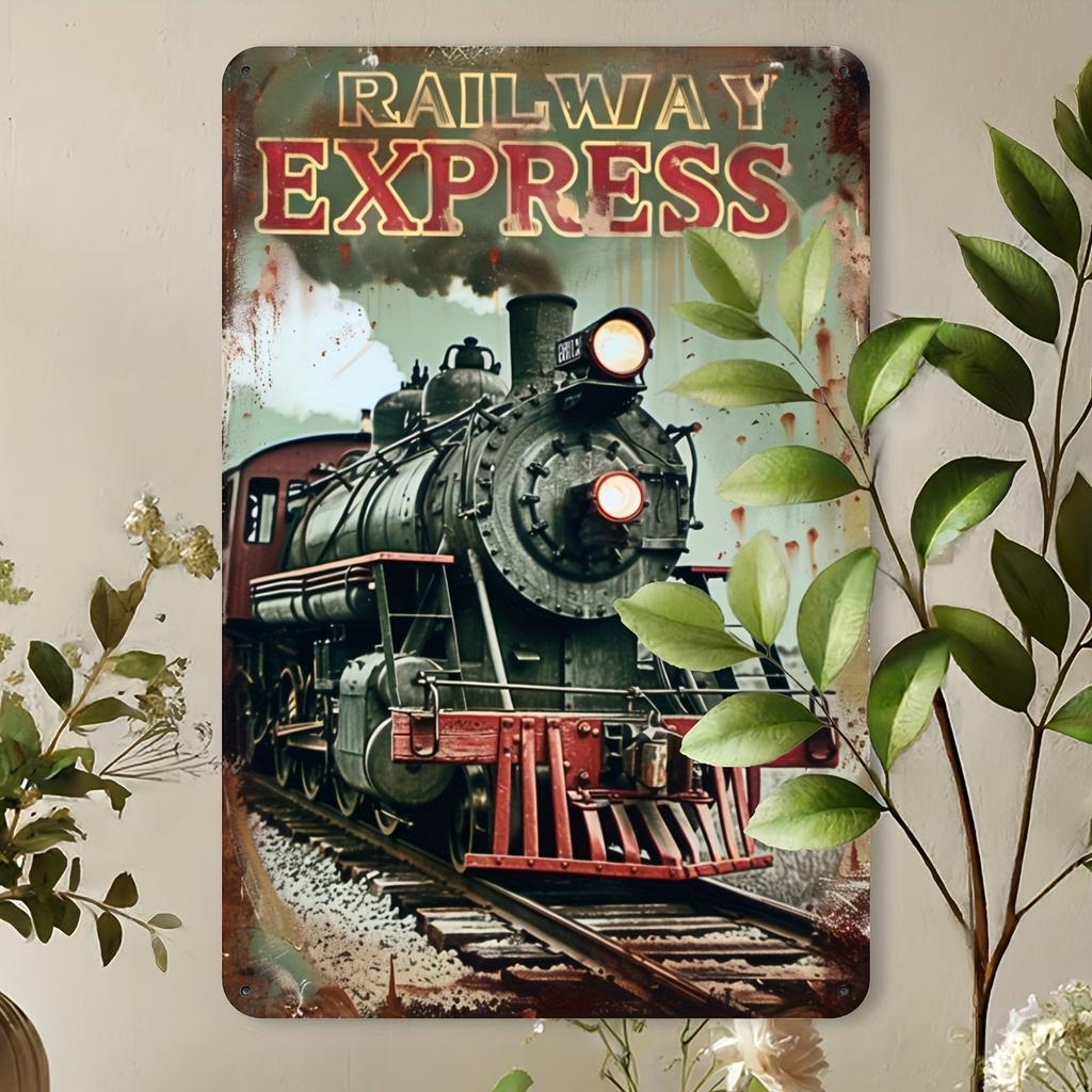 Creative Vintage Train Metal Tin Sign, Iron Scratchboard Railway Express Wall Art, Retro Hanging Decor for Indoor/Outdoor, Home,
