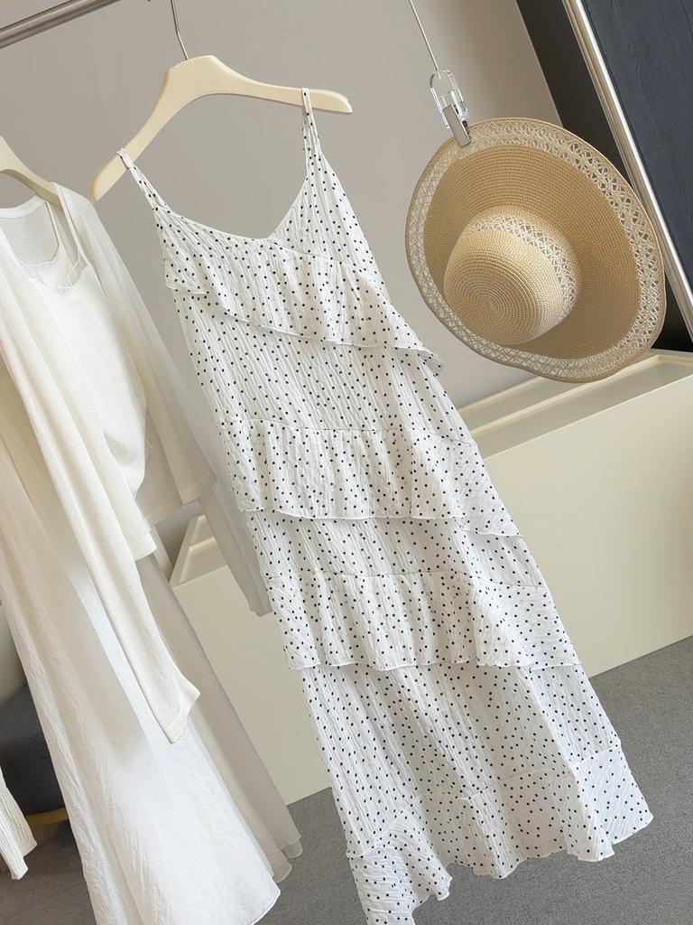 Women's V Neck Sleeveless Slip Dress Slim Fit High Waist Japanese Korean Casual Polka Dot Maxi Dress Tiered Dress