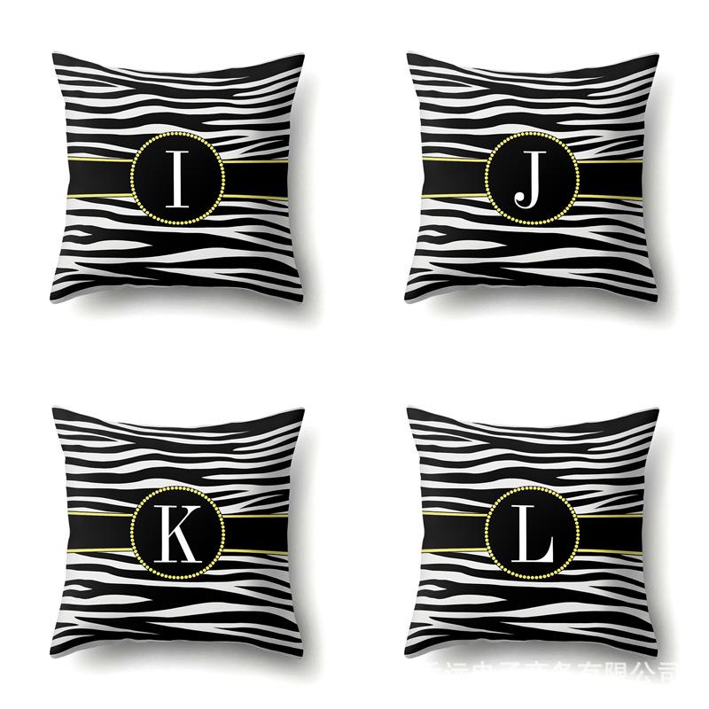 Polyester Pillowcase Zebra Pattern Printing Home Decoration Pillowcase 26 English Letter Cushion Cover Black and White