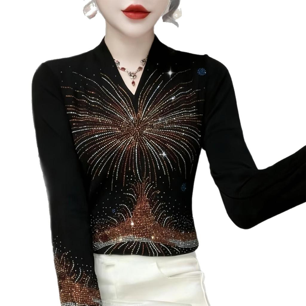 Stylish Rhinestone Thermal Fleece Base Layer Shirt for Women - Autumn/Winter Warm Top