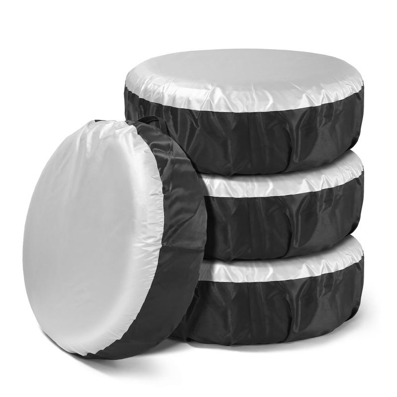 QC 4Pcs Tire Cover Case Black Silver Car Spare Tire Cover Storage Bags Carry Tote Polyester Tire For Cars Wheel Protection Cover