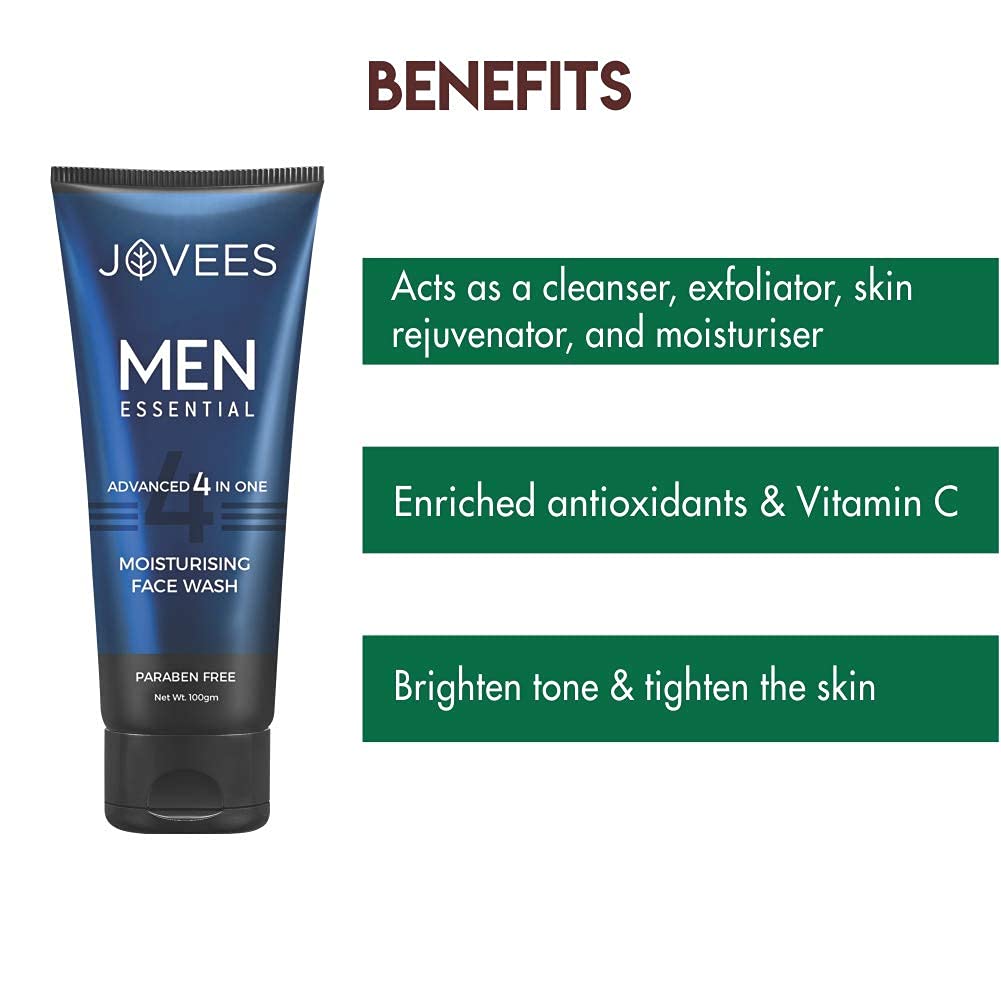 Jovees Herbal Men's Essential 4 In 1 Moisturizing Face Wash with Vitamin C and E 100g for Clean Clear Skin